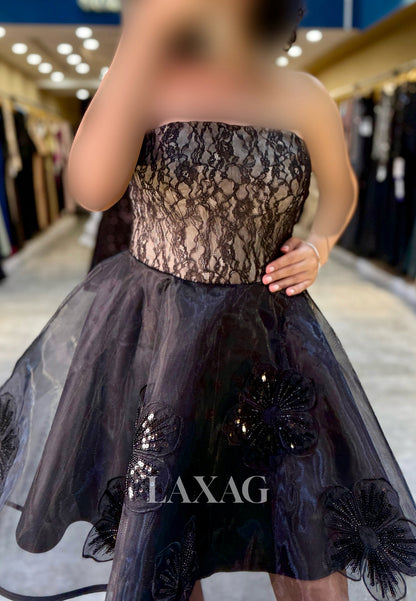 Tube Top Sleeveless Sequined Lace Applique Pleated Tulle A-Line Party Homecoming Dress