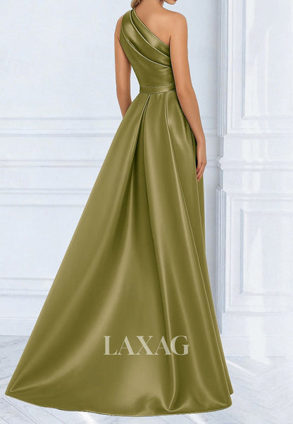 Asymmetrical-Neck Sleeveless Sequined Beaded Satin Pleated Mermaid Mother of the Bride Dress