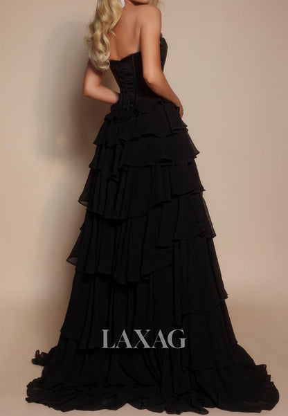 Sweetheart Off-Shoulder Sleeveless Beaded Pleated Chiffon Tiered A-Line Prom Dress with High Slit