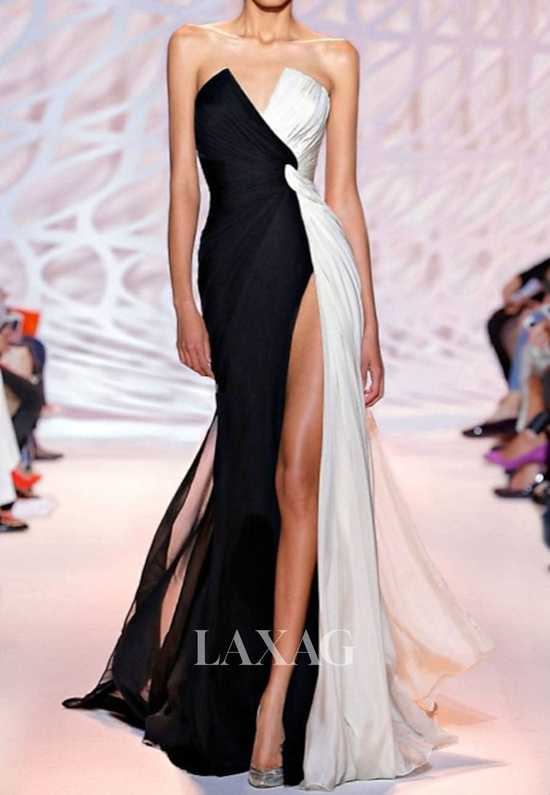 V-Neck Floor-Length Pleated Chiffon Mermaid Evening Dress Sleeveless Two Tone Formal Gowns