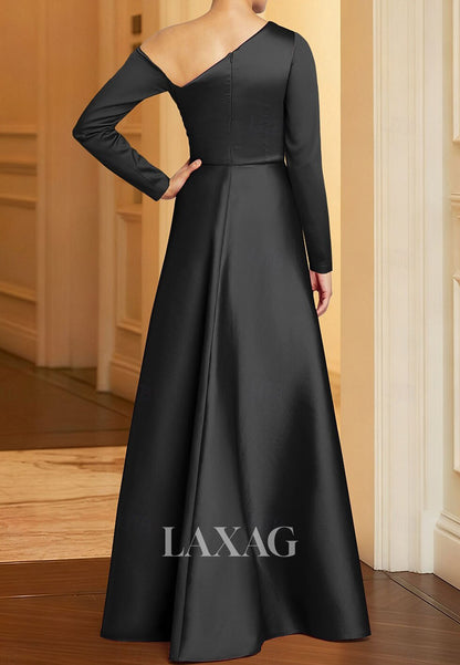Asymmetrical-Neck Long-Sleeves Sequined Applique Satin Floor-Length Mermaid Evening Dress