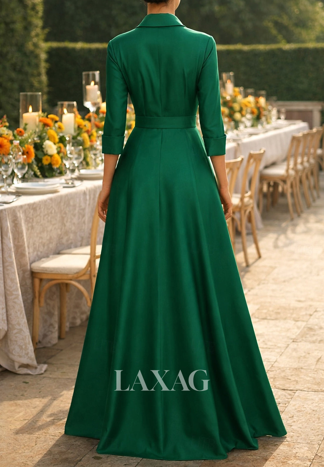 Collared 3/4-Sleeves 3D-Floral Satin Pleated A-Line Mother of the Bride Dress with Slit