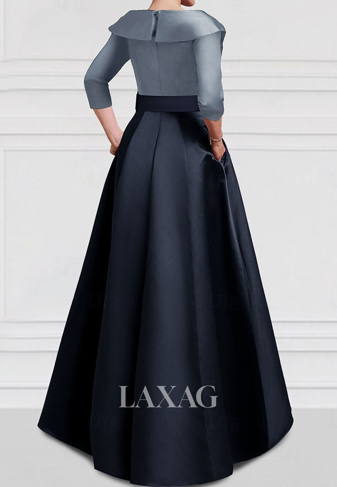 V-Neck Collared 3/4-Sleeves A-Line Evening Dress Two Tone Satin Floor-Length Formal Gowns