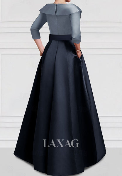 V-Neck Collared 3/4-Sleeves A-Line Evening Dress Two Tone Satin Floor-Length Formal Gowns