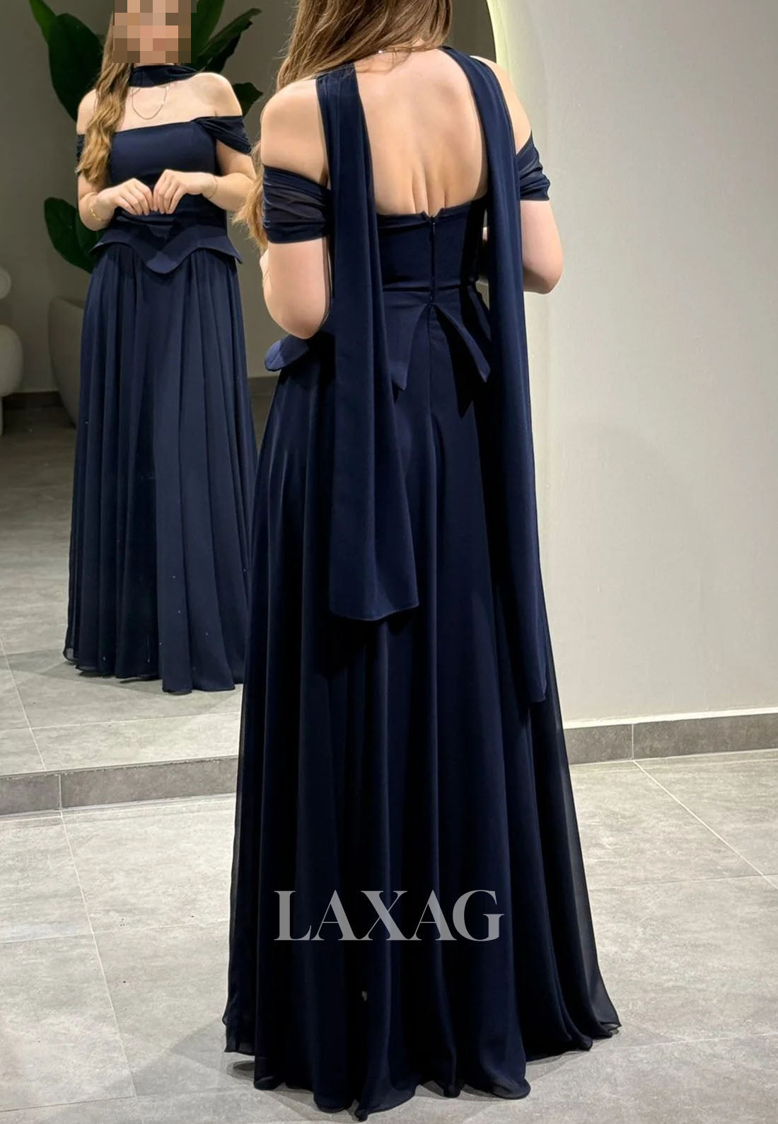Bateau-Neck Pleated Chiffon A-Line Evening Dress Off-Shoulder Floor-Length Formal Gowns