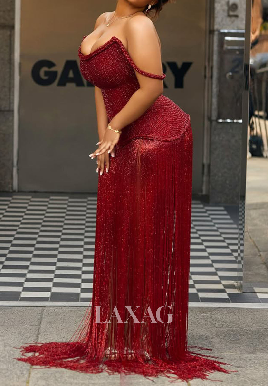 Bateau-Neck Off-Shoulder Sleeveless Fully Sequined Fringed Floor-Length Mermaid Prom Dress