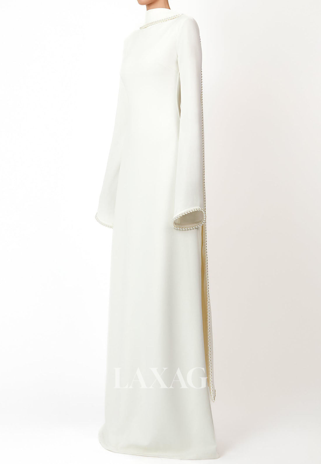 Scoop-Neck Long-Sleeves Pearls Satin Floor-Length Simple Fitted Formal Evening Dress with Overlay