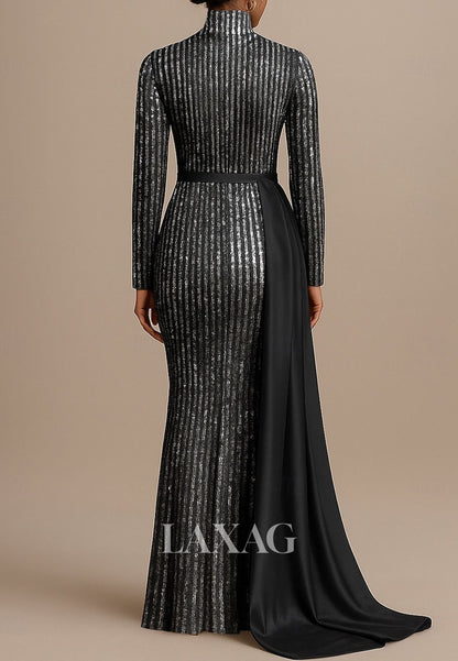 High-Neck Long-Sleeves Floor-Length Formal Gowns Fully Sequined Floor-Length Mermaid Evening Dress