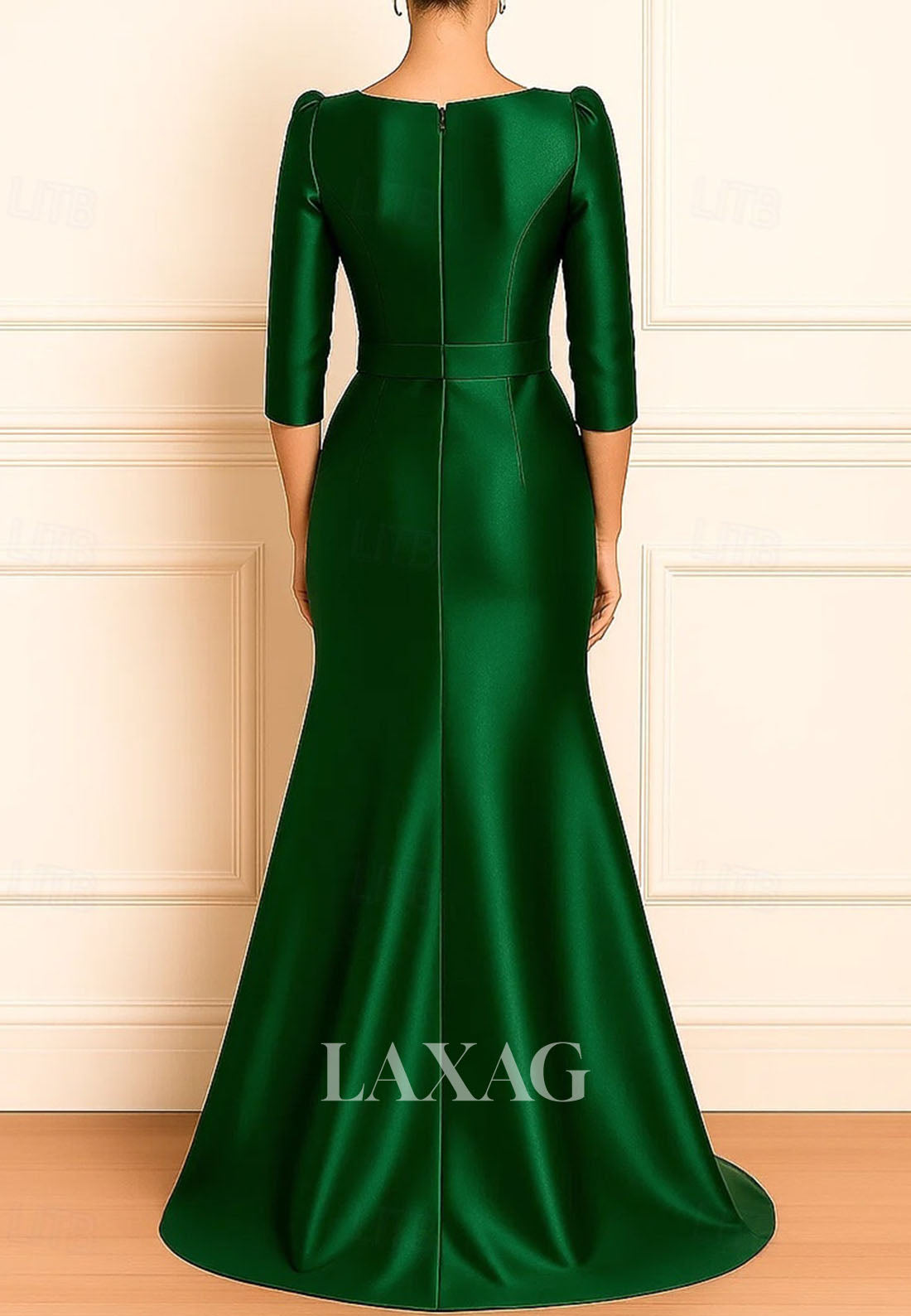 Scoop-Neck 3/4-Sleeves Floor-Length Satin Trumpet Mermaid Evening Dress with Bow