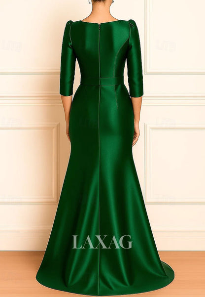 Scoop-Neck 3/4-Sleeves Floor-Length Satin Trumpet Mermaid Evening Dress with Bow
