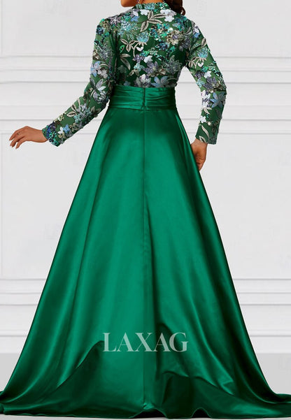 Scoop-Neck Pleated Satin Formal Gowns Long-Sleeves Sequined Applique A-Line Evening Dress