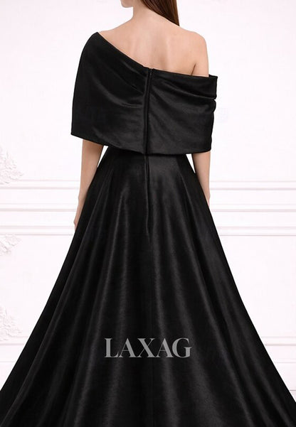 Asymmetrical-Neck Off-Shoulder Sleeveless Satin Pleated Floor-Length A-line Evening Dress with Train