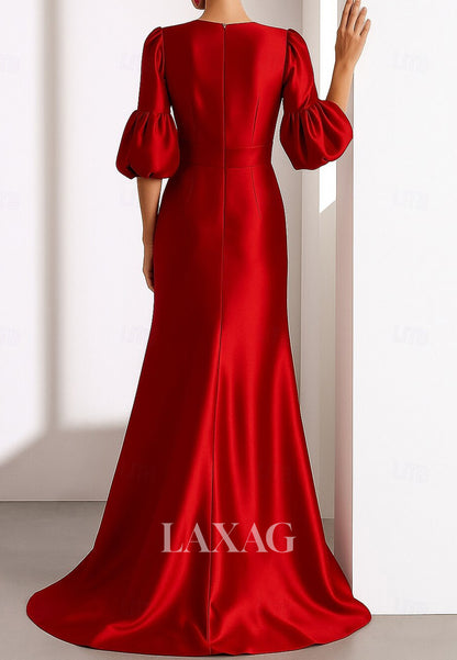 V-Neck Half-Sleeves 3D-Floral Satin Pleated Floor-Length Mermaid Evening Dress