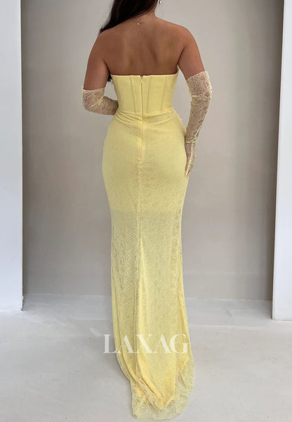 Off-Shoulder Pleated Allover Lace Formal Gowns Tube Top Sleeveless Beaded Mermaid Evening Dress