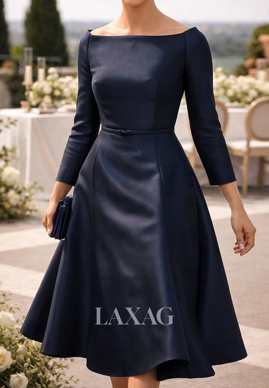 Bateau-Neck Long-Sleeves Knee-Length Satin Simple A-Line Mother of the Bride Dress