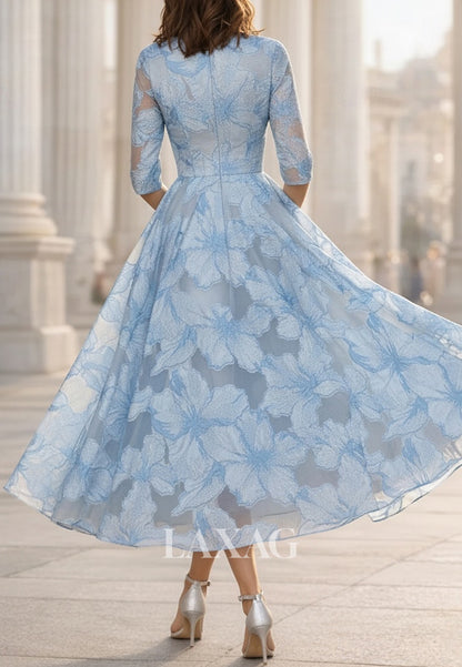 A-Line Deep V-Neck Half-Sleeves Jacquard Chiffon Pleated Sheer Ankle-Length Evening Dress