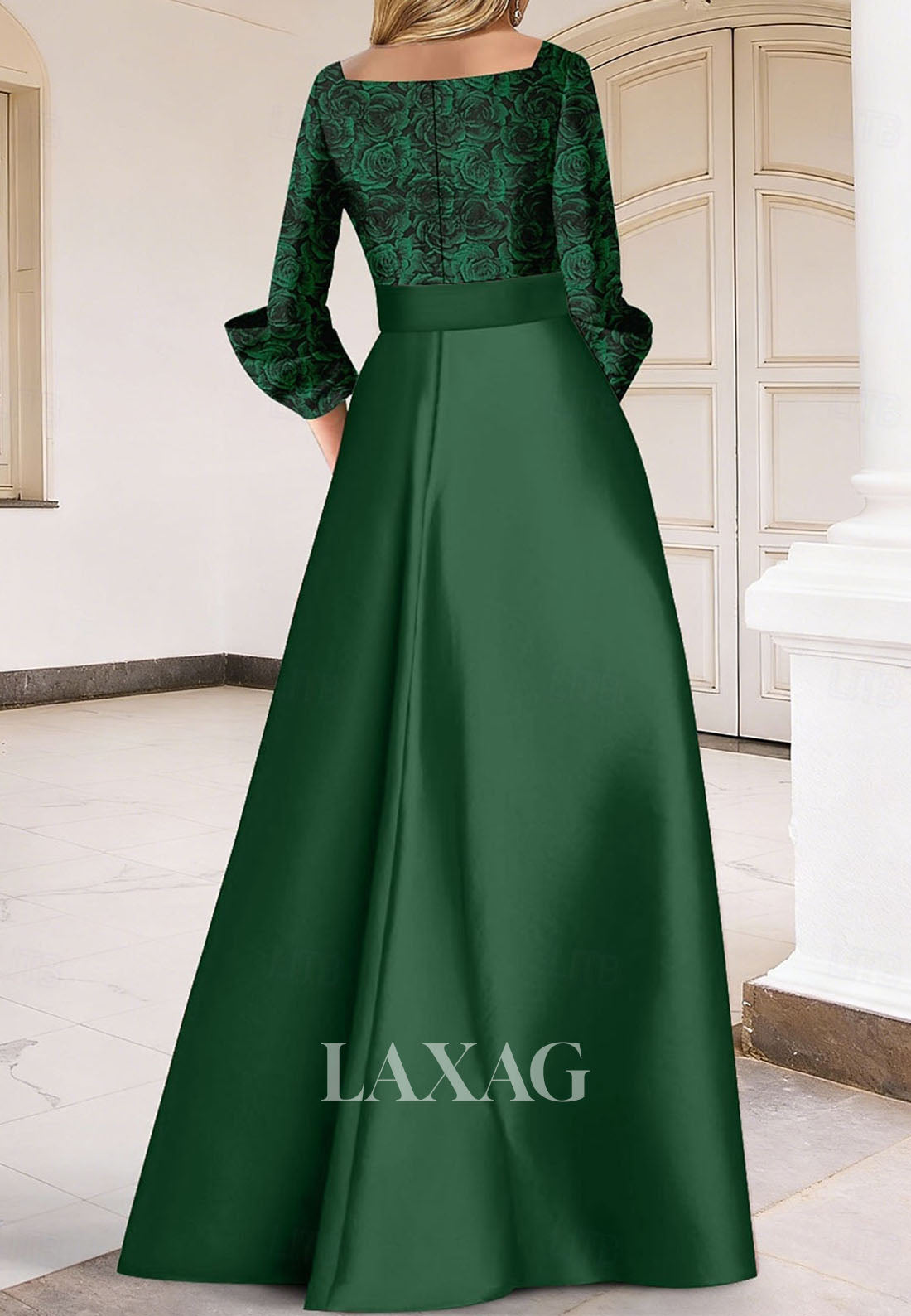 V-Neck Long-Sleeves Pleated Satin Formal Gowns Floor-Length Jacquard Mermaid Evening Dress