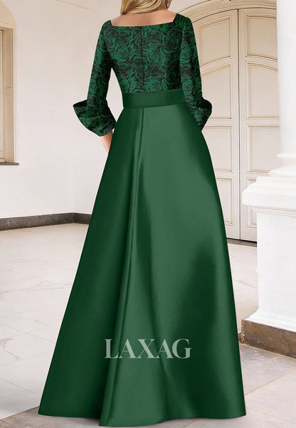 V-Neck Long-Sleeves Pleated Satin Formal Gowns Floor-Length Jacquard Mermaid Evening Dress