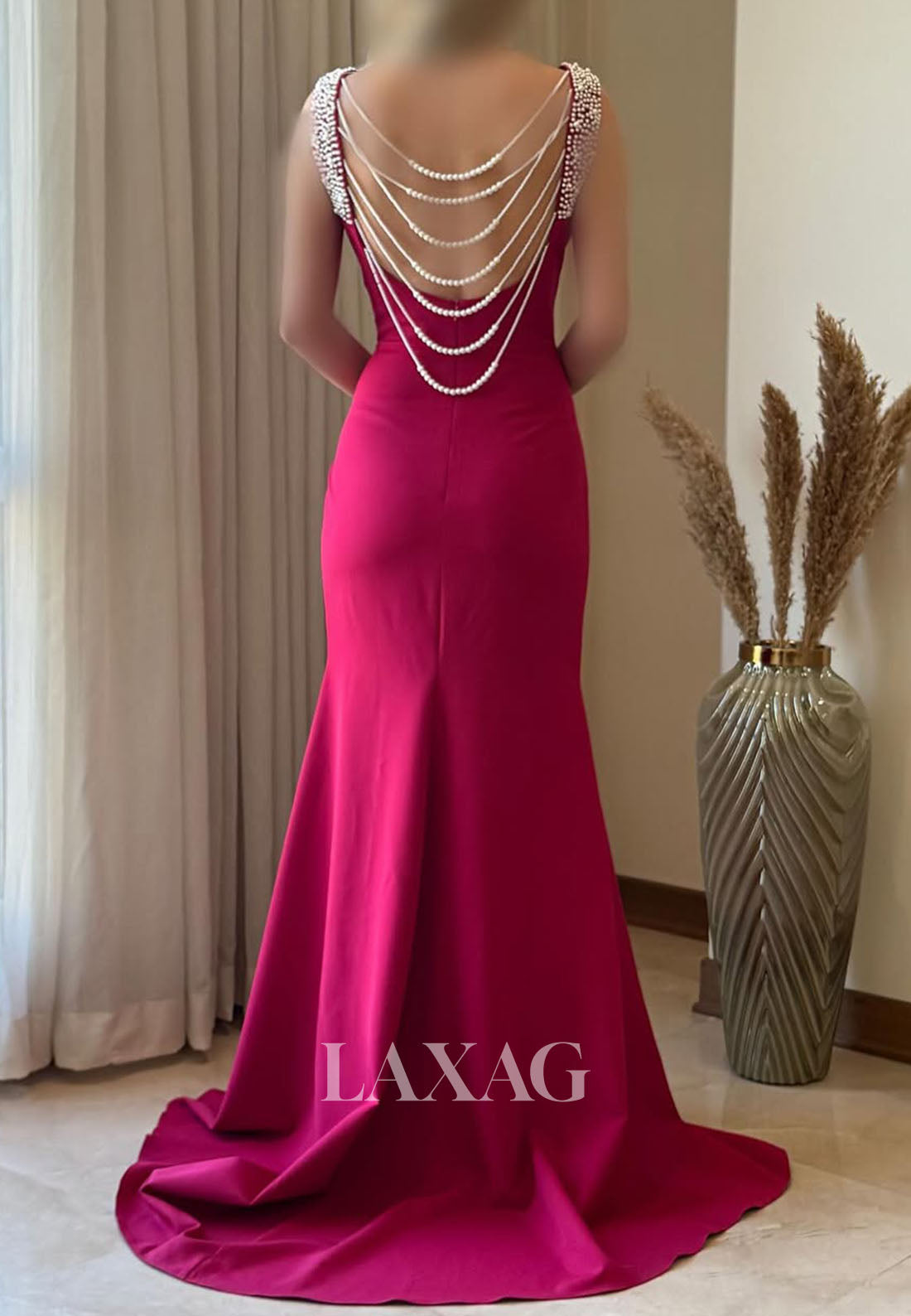 Beaded Scoop-Neck Sleeveless Formal Gowns Floor-Length Satin Slit Mermaid Evening Dress