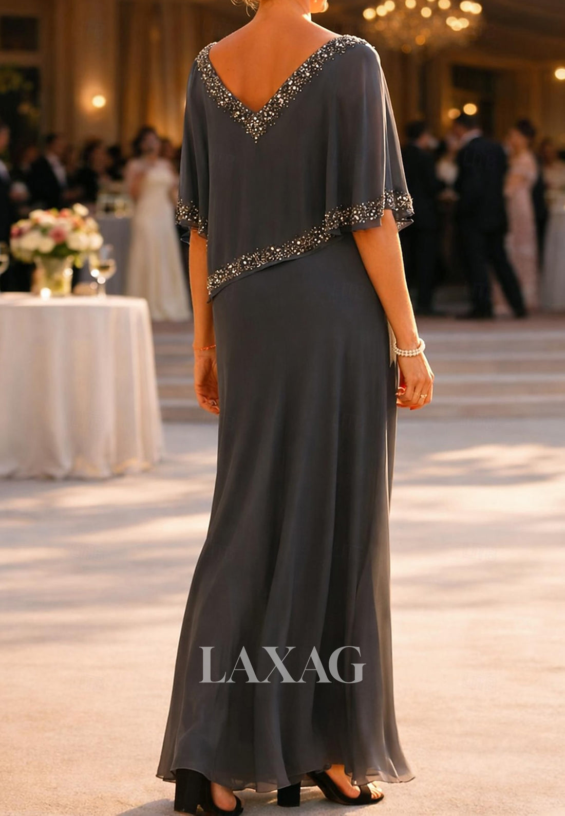 V-Neck Floor-Length Sequined Beaded Chiffon Mermaid Mother of the Bride Dress