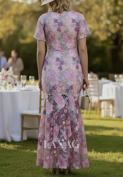 Scoop-Neck Short-Sleeves Embroidered Floor-Length Mermaid Mother of the Bride Dress