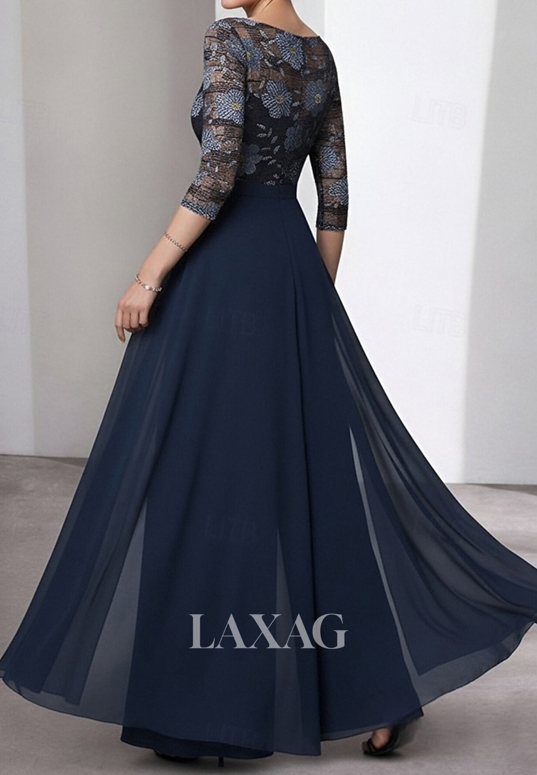 Bateau-Neck 3/4-Sleeves Embroidered Tulle Sheer Pleated Jumpsuit Mother of the Bride Dress