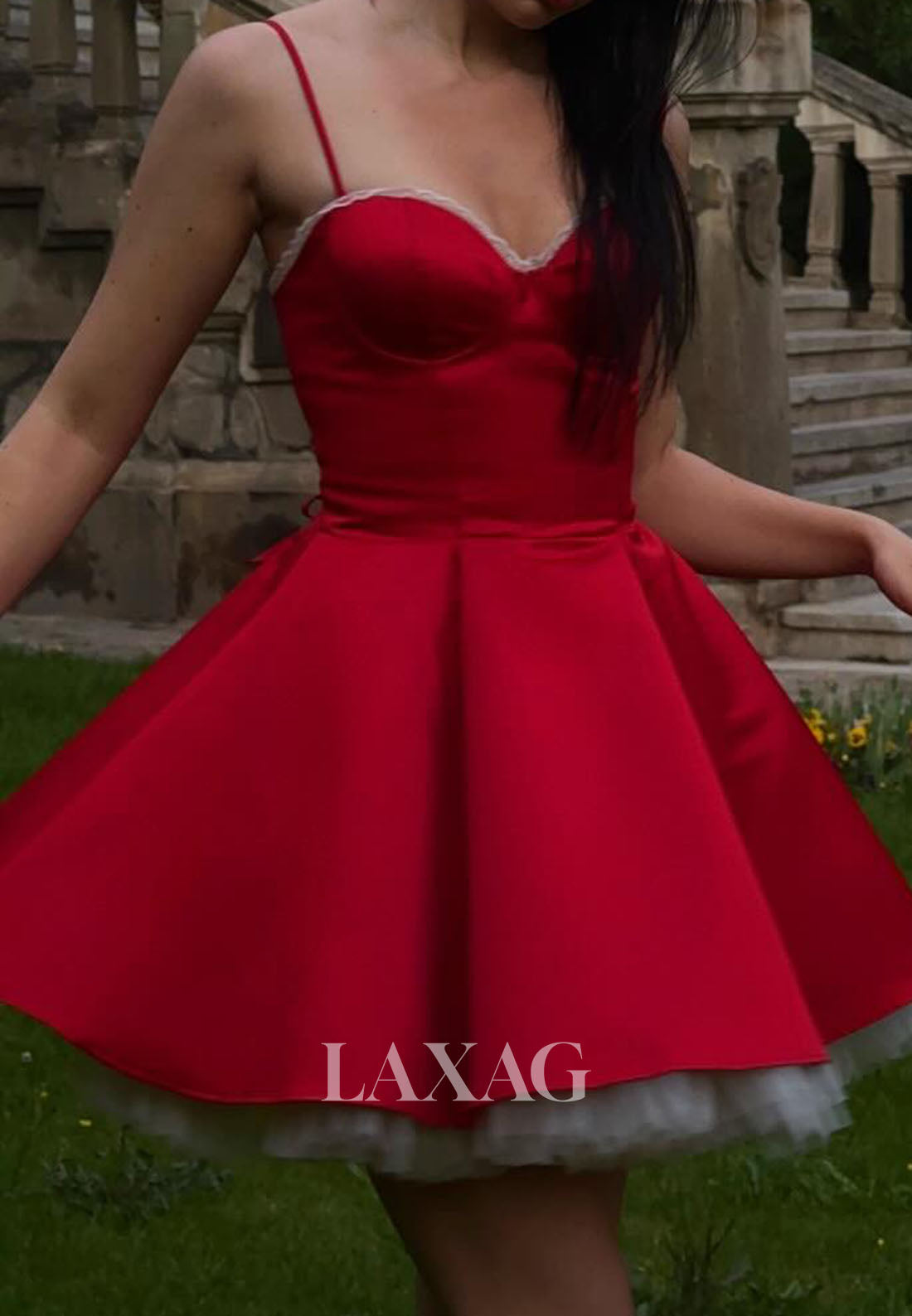 Sweetheart Spaghetti Straps Sleeveless Pleated Satin&Tulle A-Line Party Homecoming Dress