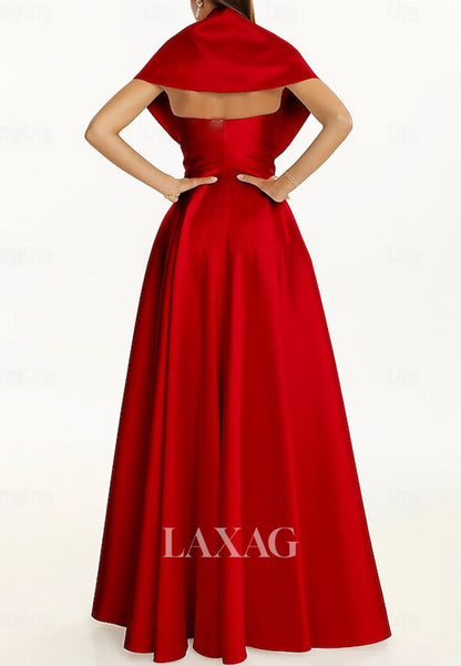 V-Neck Floor-Length Long A-Line Evening Dress Sleeveless Satin Pleated Formal Gowns