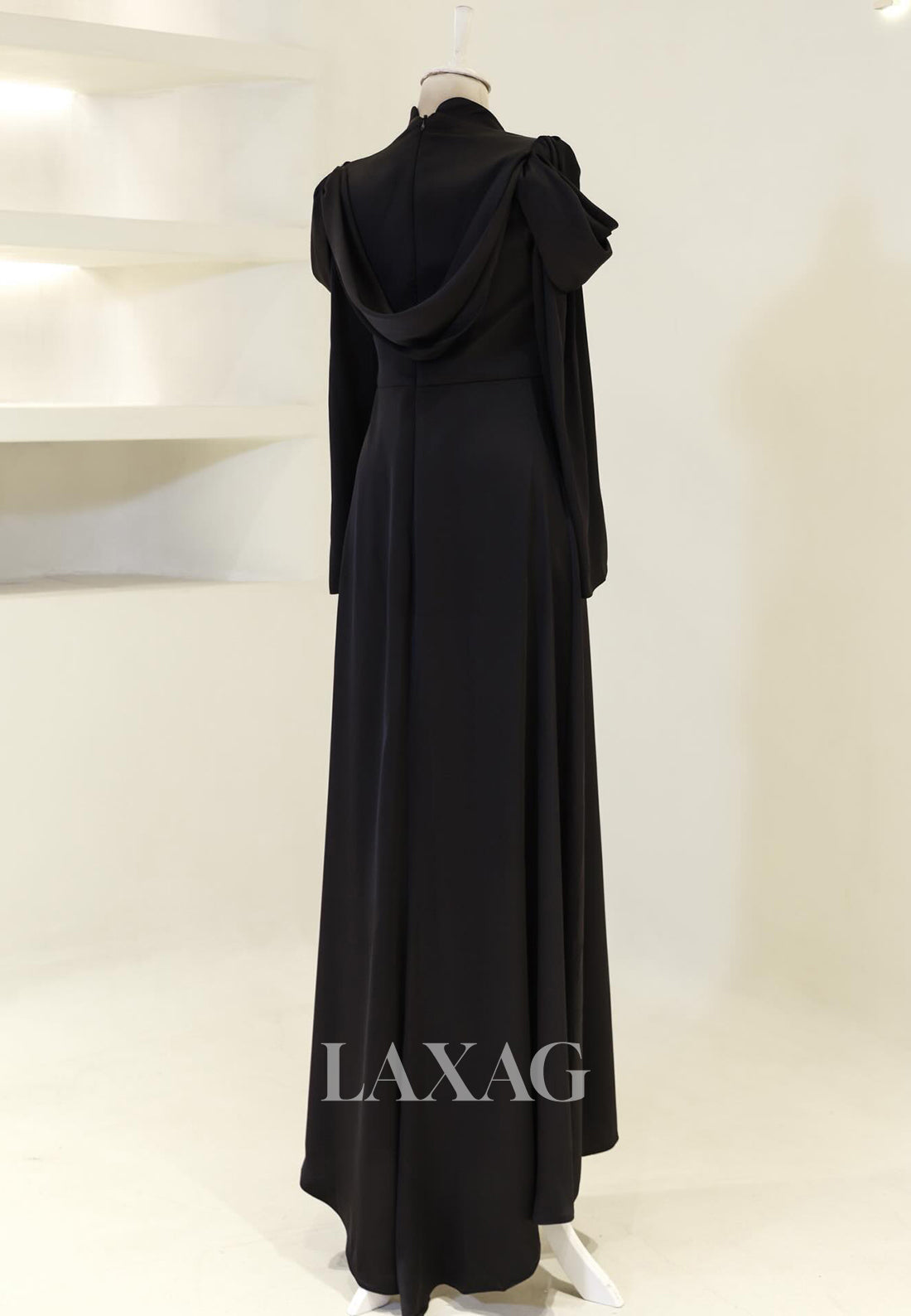 High-Neck Long-Sleeves Satin Pleated Floor-Length Simple Fitted Evening Dress