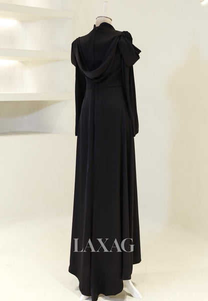 High-Neck Long-Sleeves Satin Pleated Floor-Length Simple Fitted Evening Dress