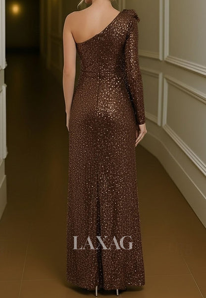 Asymmetrical-Neck One-Long-Sleeves Fully Sequined Ruffled Pleated Fitted Evening Dress
