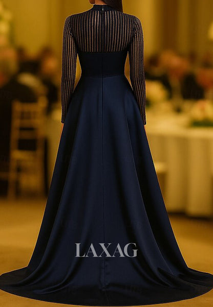 High-Neck Long-Sleeves Formal Gowns Sequined Satin Pleated Mermaid Formal Evening Dress