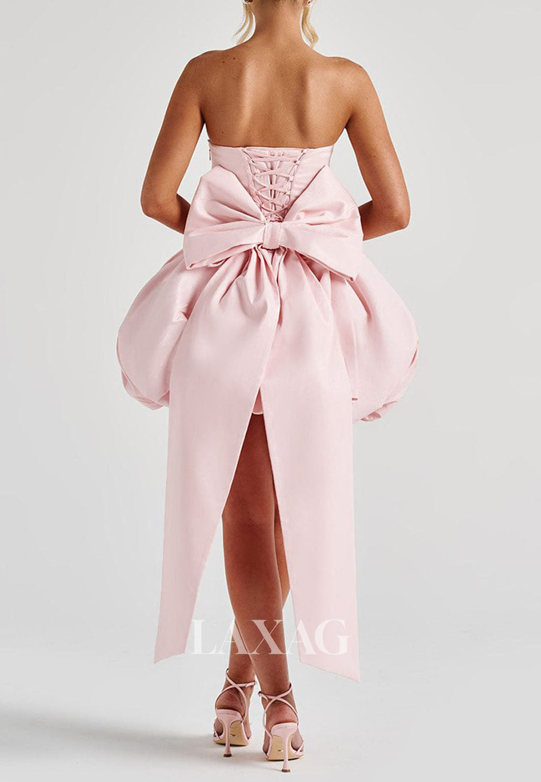 Off-Shoulder Tube Top Sleeveless Pleated Satin A-Line Party Homecoming Dress with Big Bow