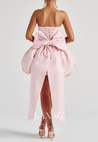 Off-Shoulder Tube Top Sleeveless Pleated Satin A-Line Party Homecoming Dress with Big Bow