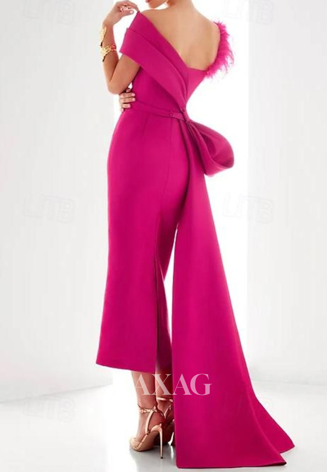 Asymmetrical-Neck Ankle-Length Satin Mermaid Evening Dress Feathered Pleated Satin Formal Gowns