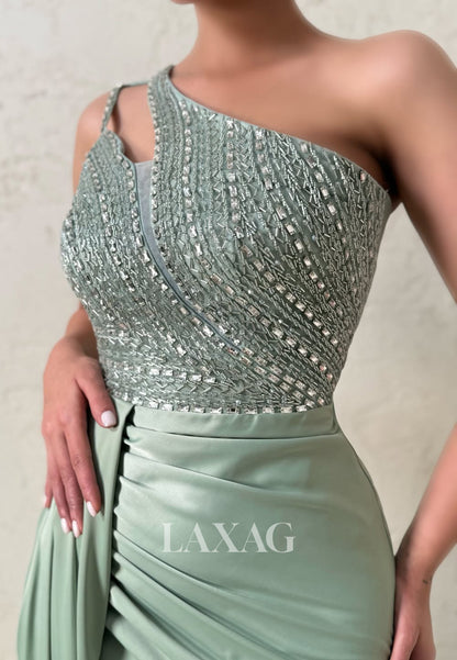Asymmetrical-Neck One-Strap Sleeveless Rhinestone Beaded Satin Floor-Length Mermaid Prom Dress