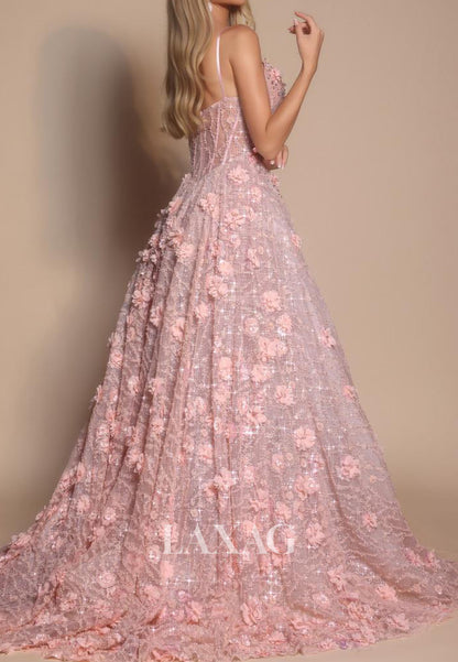 Spaghetti Straps Sweetheart Tulle Party Gowns Sequined Floral Embellished A-Line Prom Dress