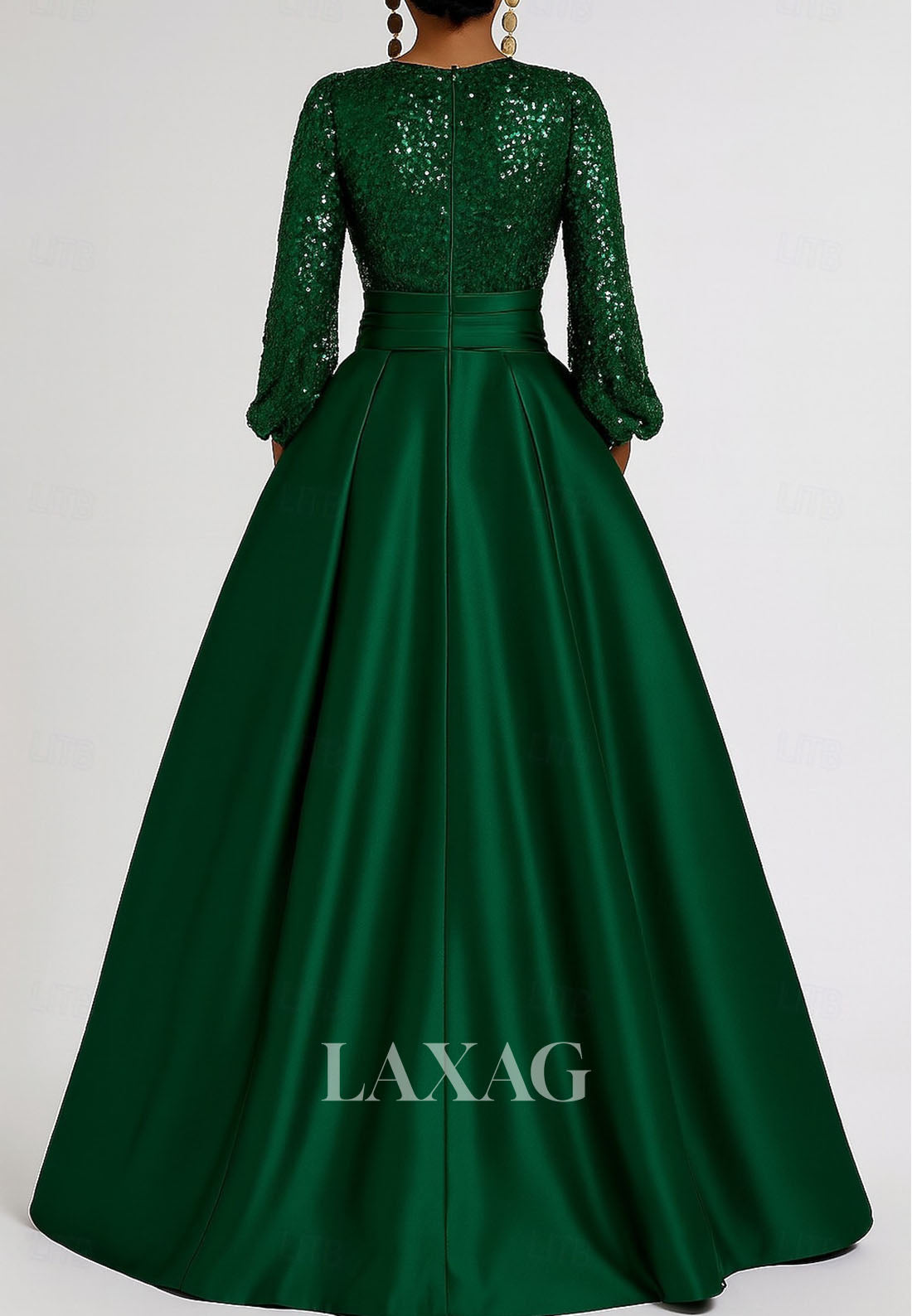 V-Neck Long-Sleeves Sequined Satin Pleated Floor-Length Simple Long A-Line Evening Dress