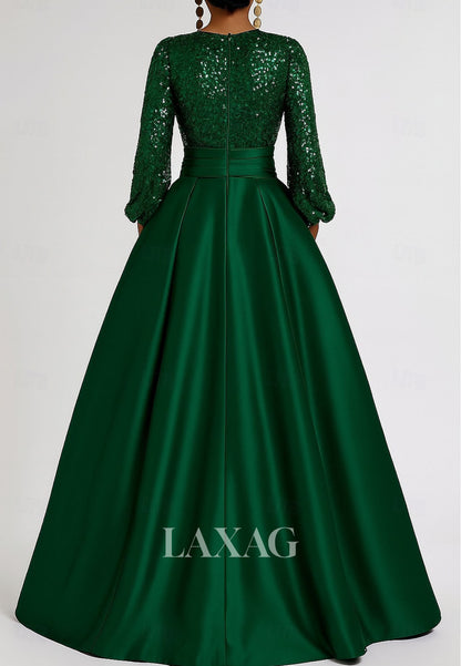 V-Neck Long-Sleeves Sequined Satin Pleated Floor-Length Simple Long A-Line Evening Dress