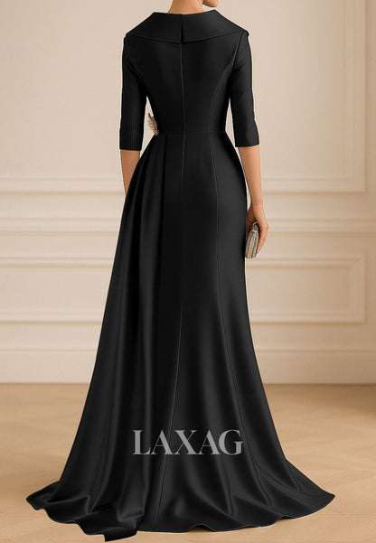 V-Neck Collared 3/4-Sleeves Formal Gowns Floor-Length Sequined Applique Satin Fitted Evening Dress