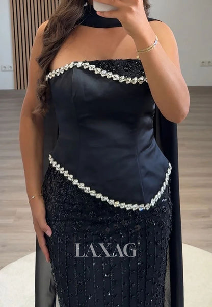 Off-Shoulder Tube Top Sleeveless Rhinestone Sequined Floor-Length Mermaid Evening Dress