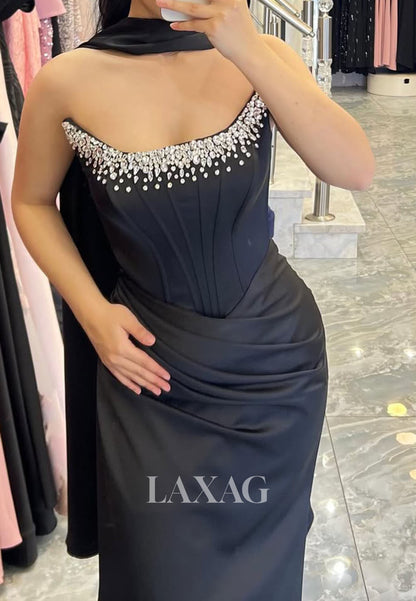 Scoop-Neck Off-Shoulder Sleeveless Formal Gowns  Floor-Length Beaded Satin Mermaid Evening Dress
