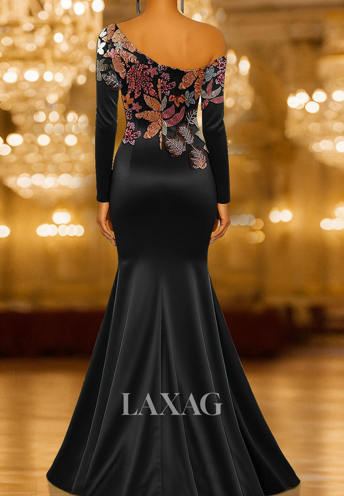 Asymmetrical-Neck Long-Sleeves Sequined Applique Satin Trumpet Mermaid Evening Dress