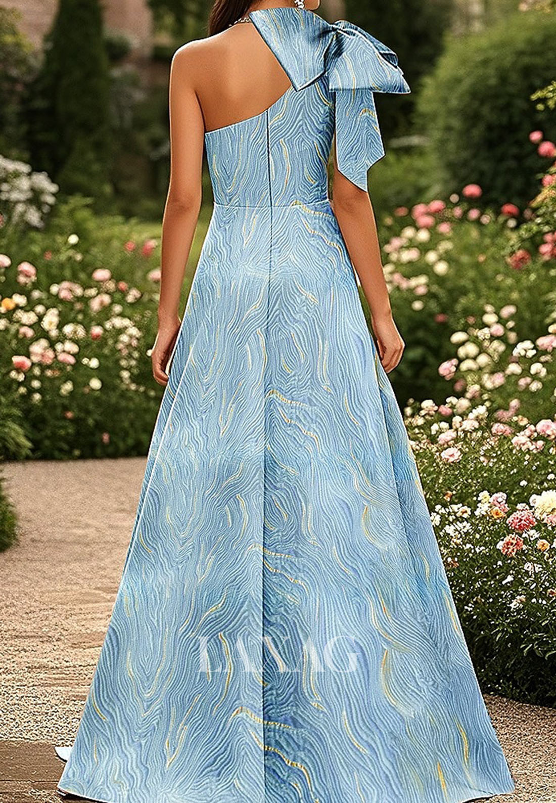 Off-Shoulder Asymmetrical-Neck Sleeveless Pleated Print-Satin Floor-Length A-Line Evening Dress with Bow