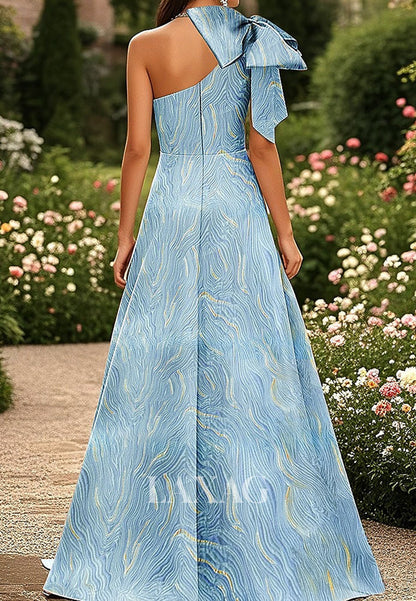 Off-Shoulder Asymmetrical-Neck Sleeveless Pleated Print-Satin Floor-Length A-Line Evening Dress with Bow