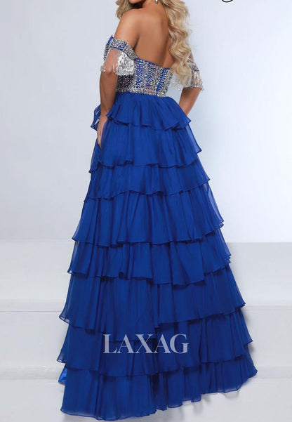 Off-Shoulder Deep V-Neck Floor-Length Beaded Sequined Chiffon Pleated Tiered A-Line Prom Dress