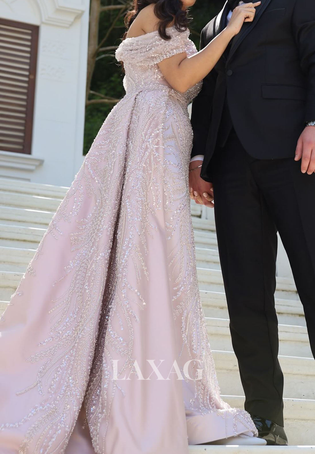 Bateau-Neck Off-Shoulder Mermaid Evening Dress Fully Sequined Beaded Pleated Satin Gormal Gowns