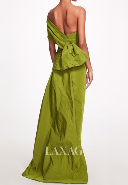 Asymmetrical-Neck Off-Shoulder Sleeveless Pleated Satin Ankle-Length Mermaid Formal Evening Dress