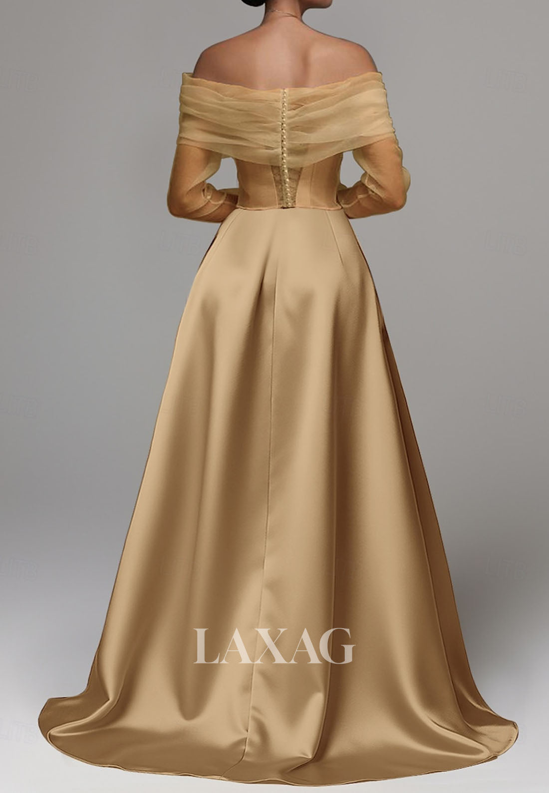 Bateau-Neck Off-Shoulder Long-Sleeves Sequined Applique Satin&Tulle Pleated Mermaid Evening Dress