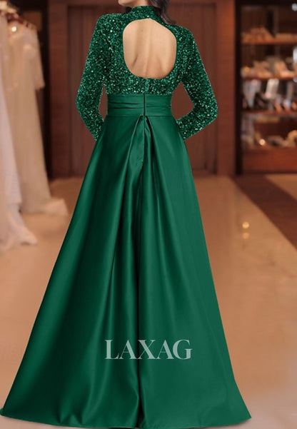 Scoop-Neck Long-Sleeves Floor-Length Formal Gowns Sequined Satin Pleated A-Line Evening Dress